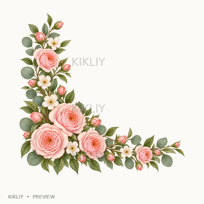 Bottom Left Corner Border in watercolor blush pink roses, ivory flowers and sage leaves, isolated on a transparent background.