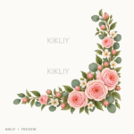 Bottom Right Corner Border in watercolor blush pink roses, ivory flowers and sage leaves, isolated on a transparent background.