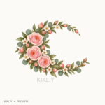 Crescent Floral Spray in watercolor blush pink roses, ivory flowers and sage leaves, isolated on a transparent background.