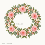 Circular Floral Wreath in watercolor blush pink roses, ivory flowers and sage leaves, isolated on a transparent background.