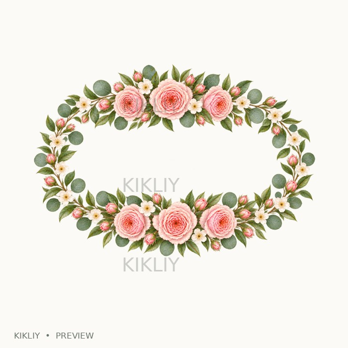 Oval Floral Wreath in watercolor blush pink roses, ivory flowers and sage leaves, isolated on a transparent background.