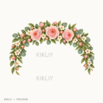 Floral Arch Border in watercolor blush pink roses, ivory flowers and sage leaves, isolated on a transparent background.