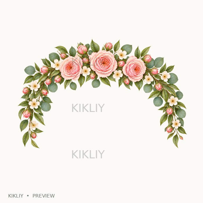 Floral Arch Border in watercolor blush pink roses, ivory flowers and sage leaves, isolated on a transparent background.