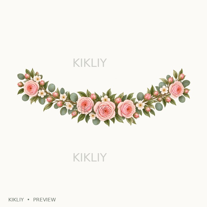 Curved Bottom Swag in watercolor blush pink roses, ivory flowers and sage leaves, isolated on a transparent background.