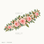 Diagonal Floral Spray in watercolor blush pink roses, ivory flowers and sage leaves, isolated on a transparent background.