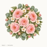 Round Rose Posy in watercolor blush pink roses, ivory flowers and sage leaves, isolated on a transparent background.