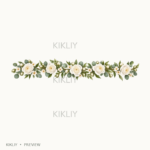 Straight Horizontal Vine in watercolor white roses, ivory flowers and sage leaves, isolated on a transparent background.