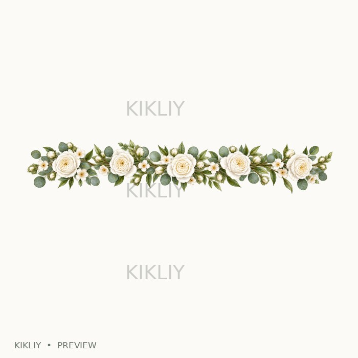 Straight Horizontal Vine in watercolor white roses, ivory flowers and sage leaves, isolated on a transparent background.