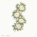 Vertical Floral Vine in watercolor white roses, ivory flowers and sage leaves, isolated on a transparent background.