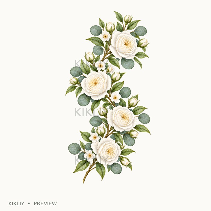 Vertical Floral Vine in watercolor white roses, ivory flowers and sage leaves, isolated on a transparent background.