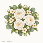 Small Floral Bunch in watercolor white roses, ivory flowers and sage leaves, isolated on a transparent background.