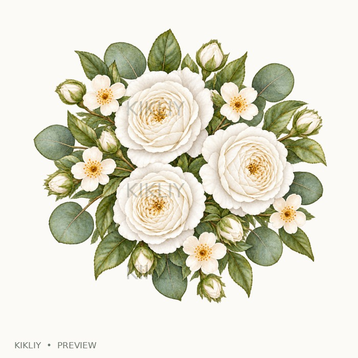 Small Floral Bunch in watercolor white roses, ivory flowers and sage leaves, isolated on a transparent background.
