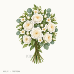 Stemmed Rose Bouquet in watercolor white roses, ivory flowers and sage leaves, isolated on a transparent background.