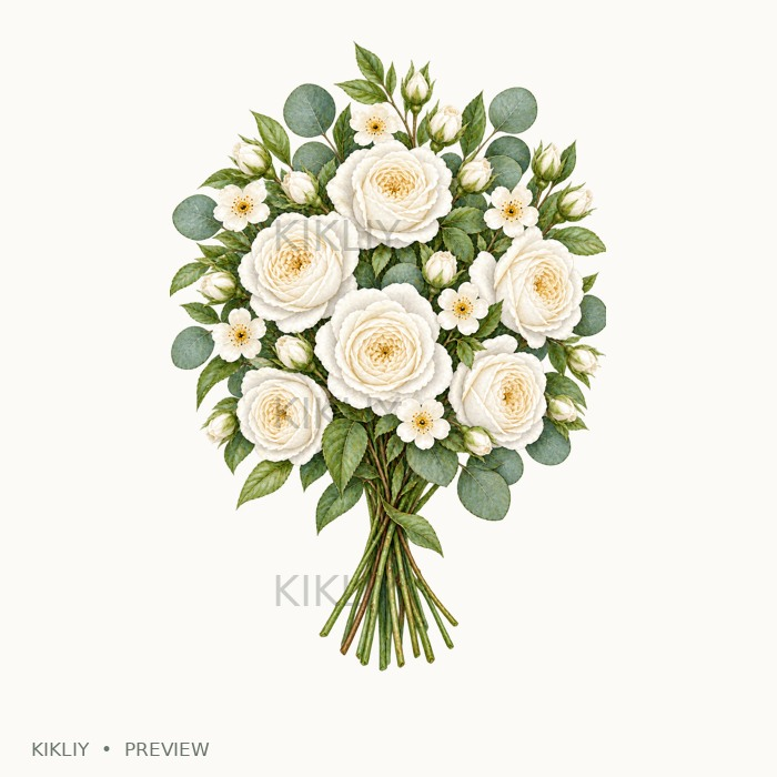 Stemmed Rose Bouquet in watercolor white roses, ivory flowers and sage leaves, isolated on a transparent background.