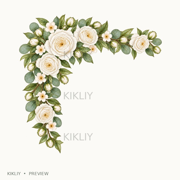 Top Left Corner Border in watercolor white roses, ivory flowers and sage leaves, isolated on a transparent background.