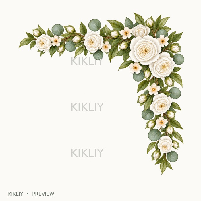 Top Right Corner Border in watercolor white roses, ivory flowers and sage leaves, isolated on a transparent background.