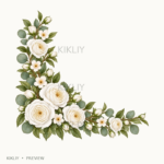 Bottom Left Corner Border in watercolor white roses, ivory flowers and sage leaves, isolated on a transparent background.