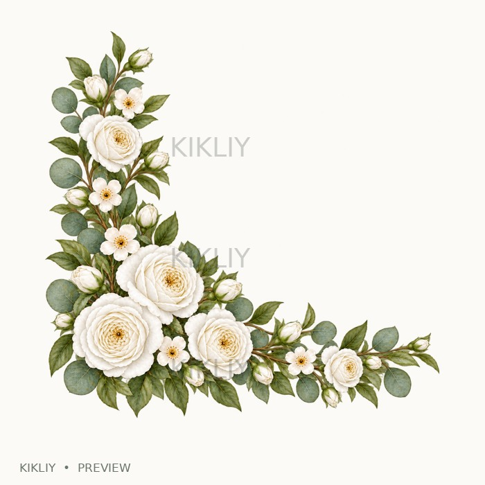Bottom Left Corner Border in watercolor white roses, ivory flowers and sage leaves, isolated on a transparent background.