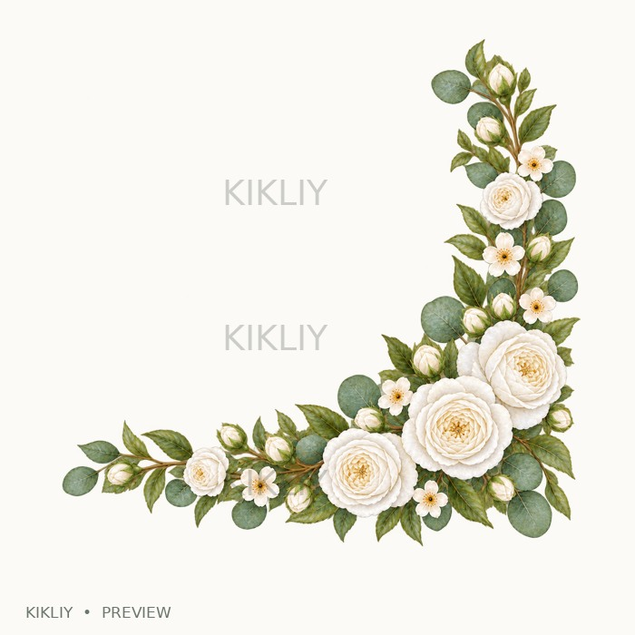 Bottom Right Corner Border in watercolor white roses, ivory flowers and sage leaves, isolated on a transparent background.