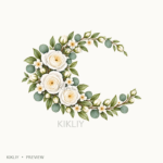 Crescent Floral Spray in watercolor white roses, ivory flowers and sage leaves, isolated on a transparent background.