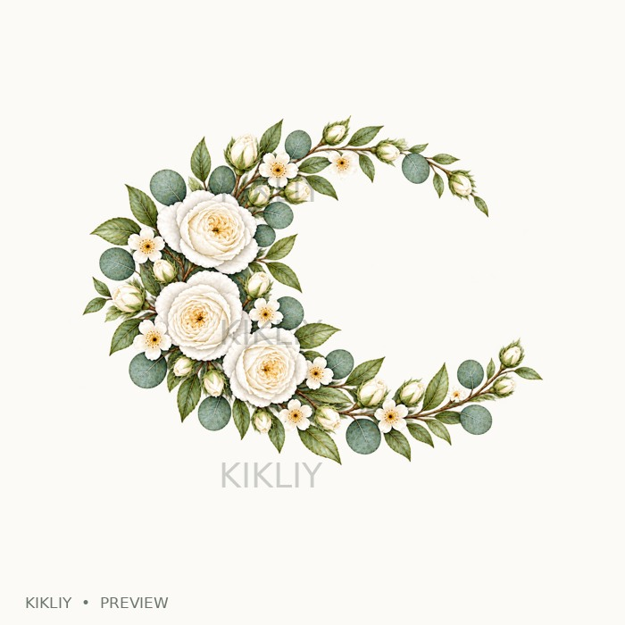 Crescent Floral Spray in watercolor white roses, ivory flowers and sage leaves, isolated on a transparent background.
