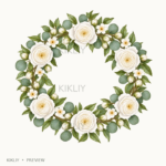 Circular Floral Wreath in watercolor white roses, ivory flowers and sage leaves, isolated on a transparent background.
