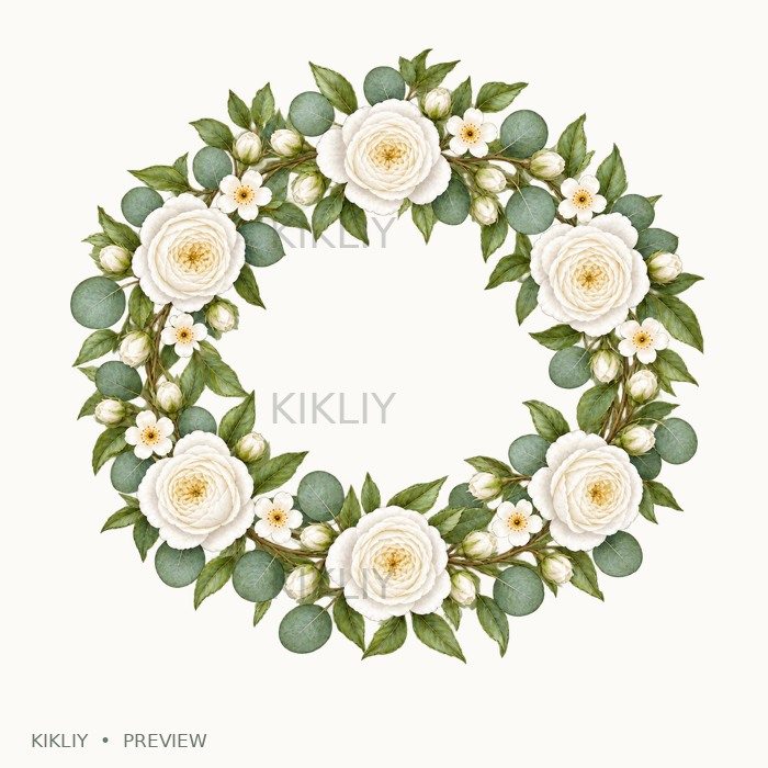 Circular Floral Wreath in watercolor white roses, ivory flowers and sage leaves, isolated on a transparent background.