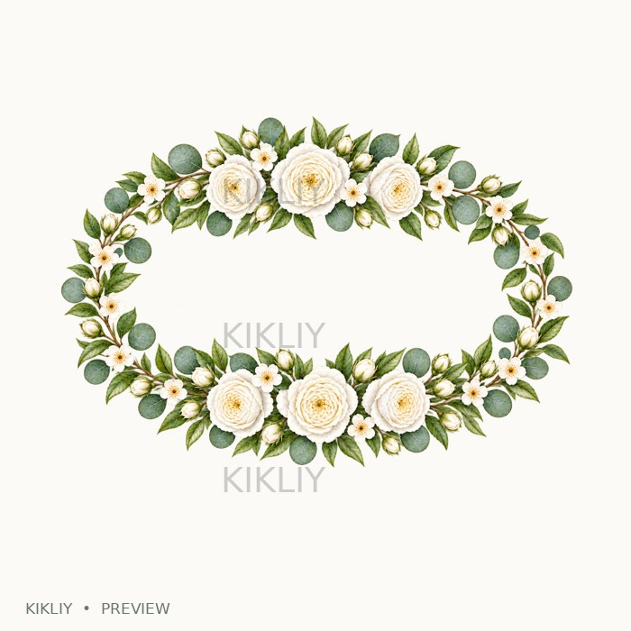 Oval Floral Wreath in watercolor white roses, ivory flowers and sage leaves, isolated on a transparent background.