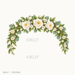 Floral Arch Border in watercolor white roses, ivory flowers and sage leaves, isolated on a transparent background.
