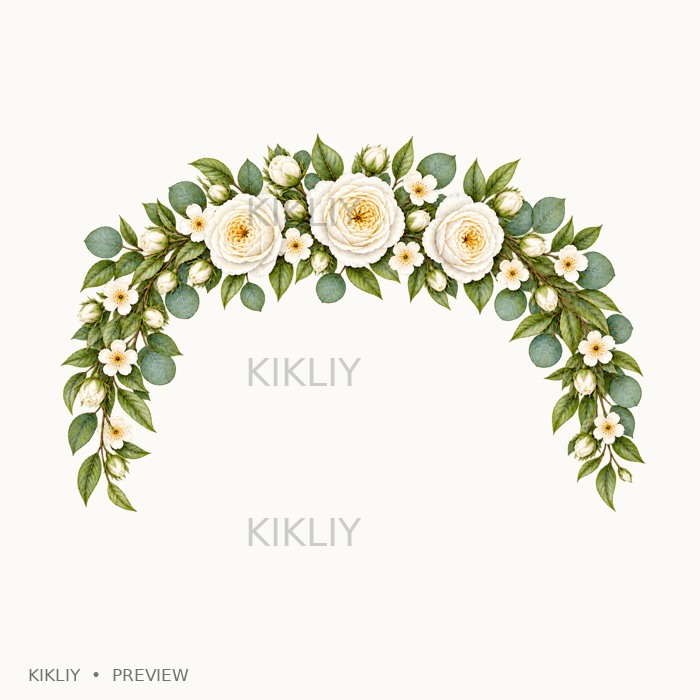 Floral Arch Border in watercolor white roses, ivory flowers and sage leaves, isolated on a transparent background.