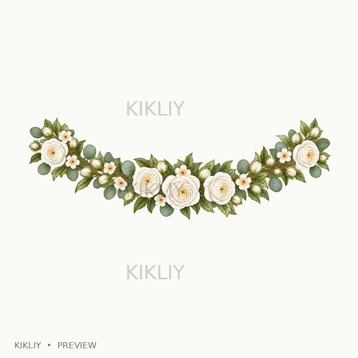 Curved Bottom Swag in watercolor white roses, ivory flowers and sage leaves, isolated on a transparent background.