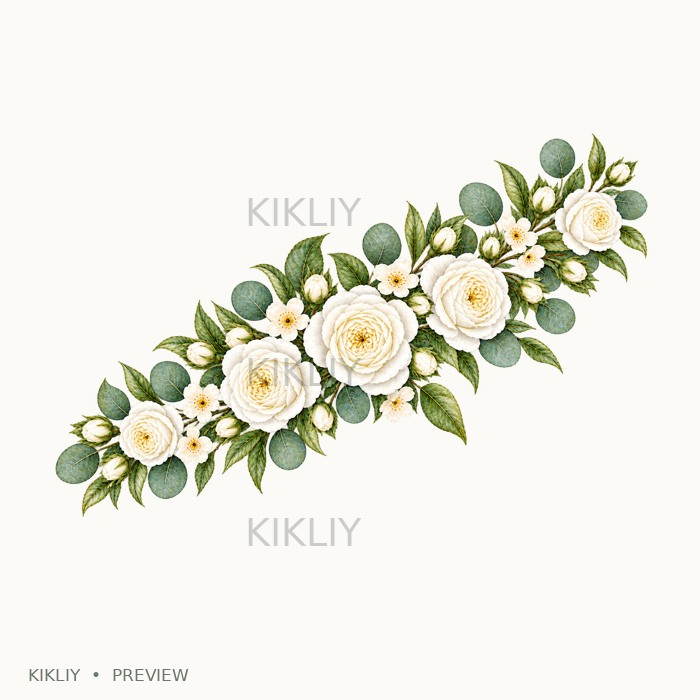 Diagonal Floral Spray in watercolor white roses, ivory flowers and sage leaves, isolated on a transparent background.