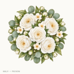 Round Rose Posy in watercolor white roses, ivory flowers and sage leaves, isolated on a transparent background.