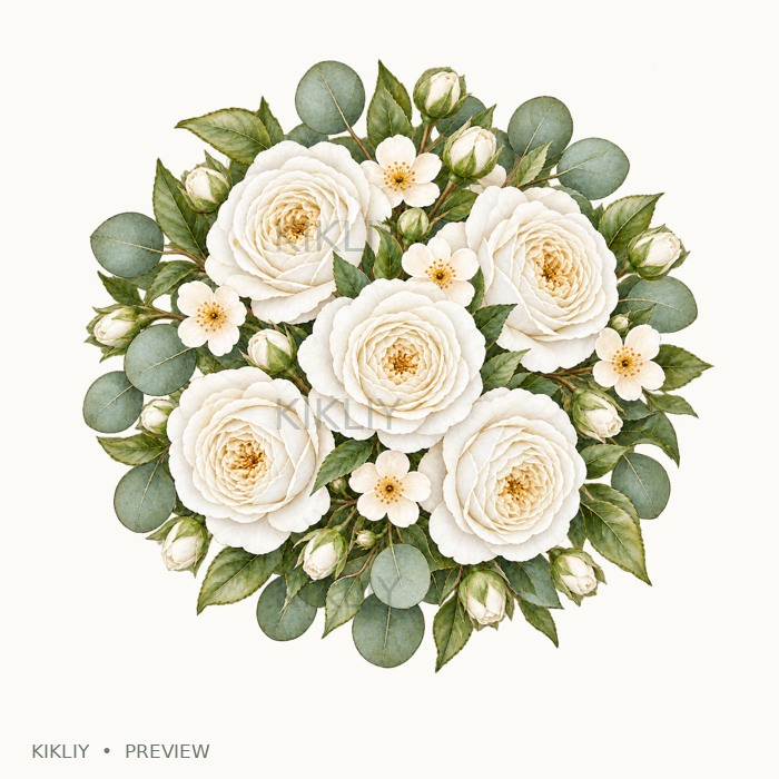 Round Rose Posy in watercolor white roses, ivory flowers and sage leaves, isolated on a transparent background.