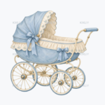 Vintage Blue Baby Pram watercolor clipart on a transparent background