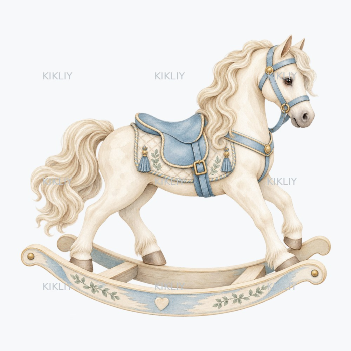 Blue Rocking Horse watercolor clipart on a transparent background
