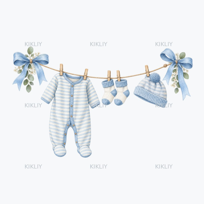 Blue Baby Clothesline watercolor clipart on a transparent background