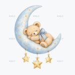 Sleeping Teddy Moon watercolor clipart on a transparent background