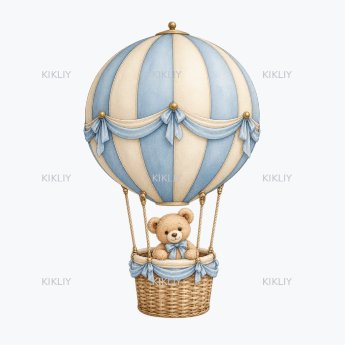 Teddy Hot Air Balloon watercolor clipart on a transparent background