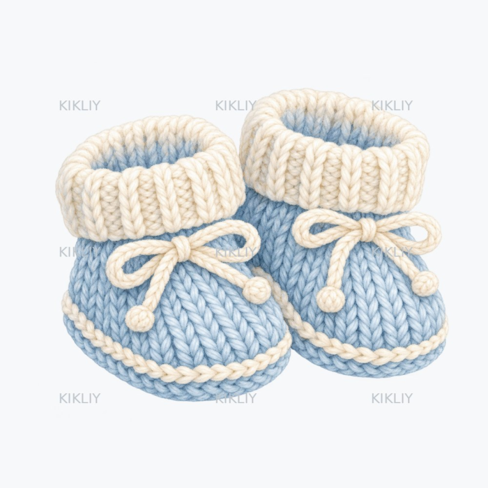 Blue Knitted Baby Booties watercolor clipart on a transparent background