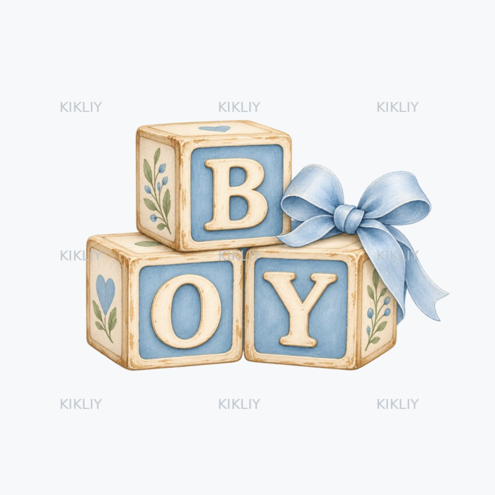 Baby Boy Wooden Blocks watercolor clipart on a transparent background
