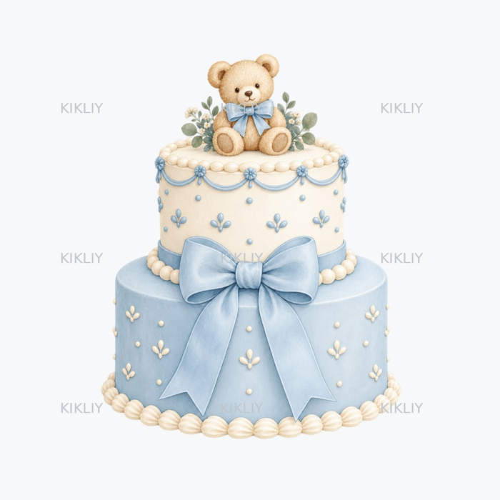 Blue Baby Shower Cake watercolor clipart on a transparent background