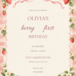 Strawberry Gingham watercolor birthday invitation with soft berry artwork and editable sample text.