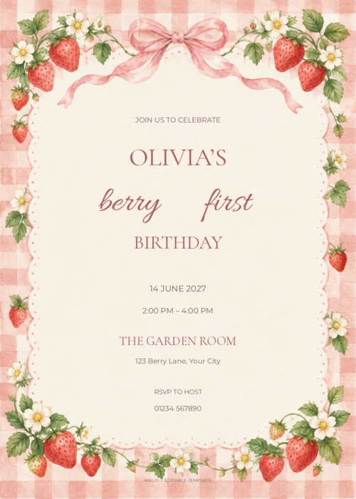 Strawberry Gingham watercolor birthday invitation with soft berry artwork and editable sample text.