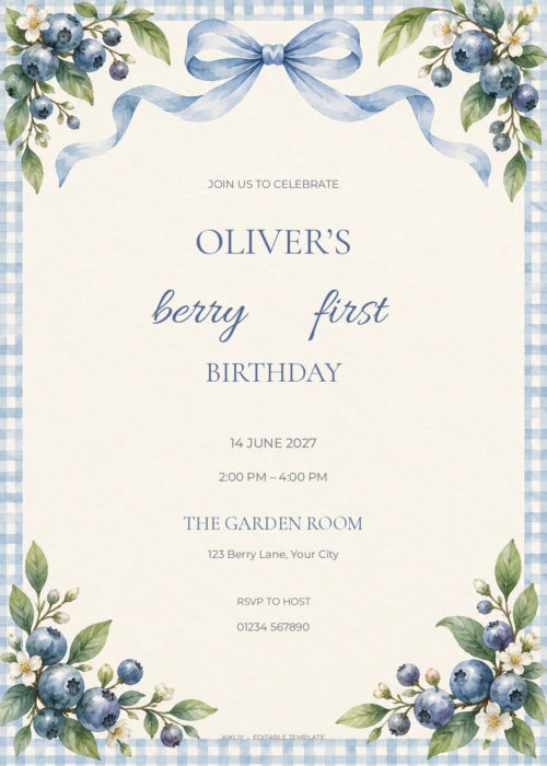 Blueberry Bow watercolor birthday invitation with soft berry artwork and editable sample text.
