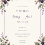 Blackberry Lilac watercolor birthday invitation with soft berry artwork and editable sample text.