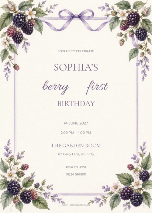 Blackberry Lilac watercolor birthday invitation with soft berry artwork and editable sample text.