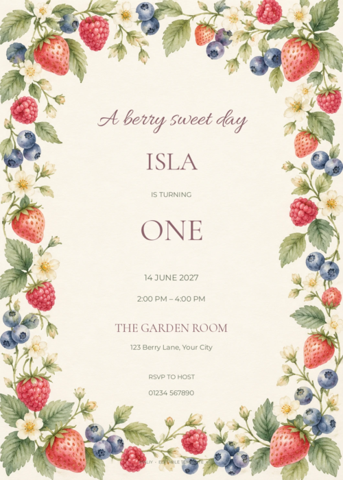 Mixed Berry Wreath watercolor birthday invitation with soft berry artwork and editable sample text.
