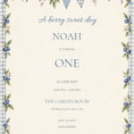Blueberry Bunting watercolor birthday invitation with soft berry artwork and editable sample text.
