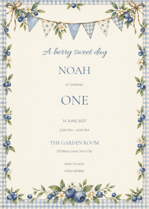 Blueberry Bunting watercolor birthday invitation with soft berry artwork and editable sample text.